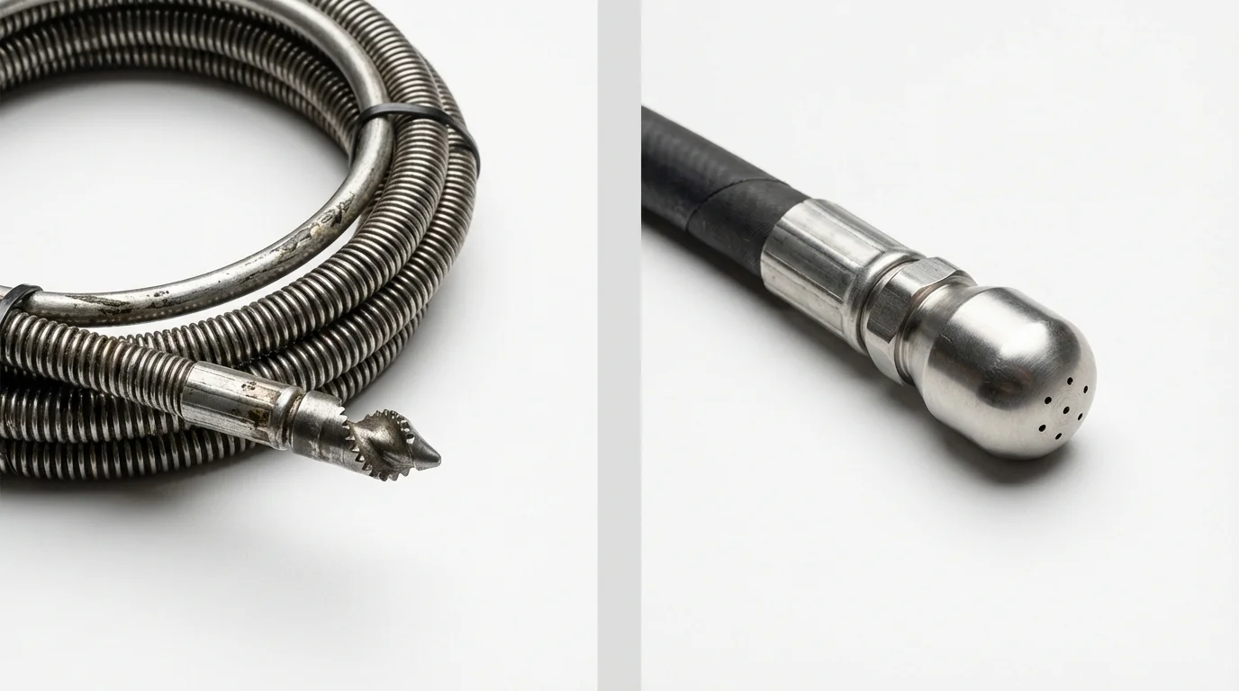 Drain snake cable and hydro jetting nozzle used for drain cleaning in Winchester, CA
