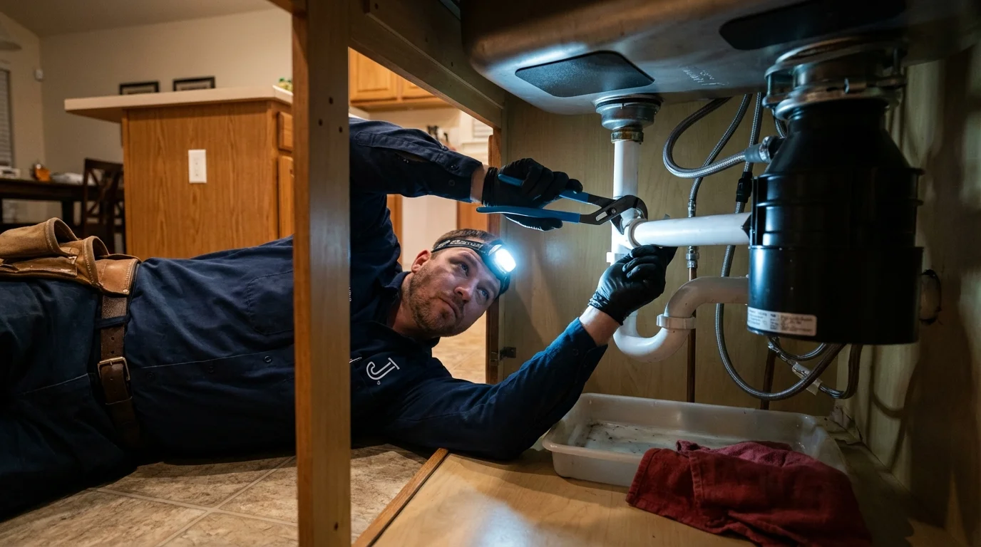 P-trap and supply line connections under a kitchen sink showing a common leak point in Winchester, CA